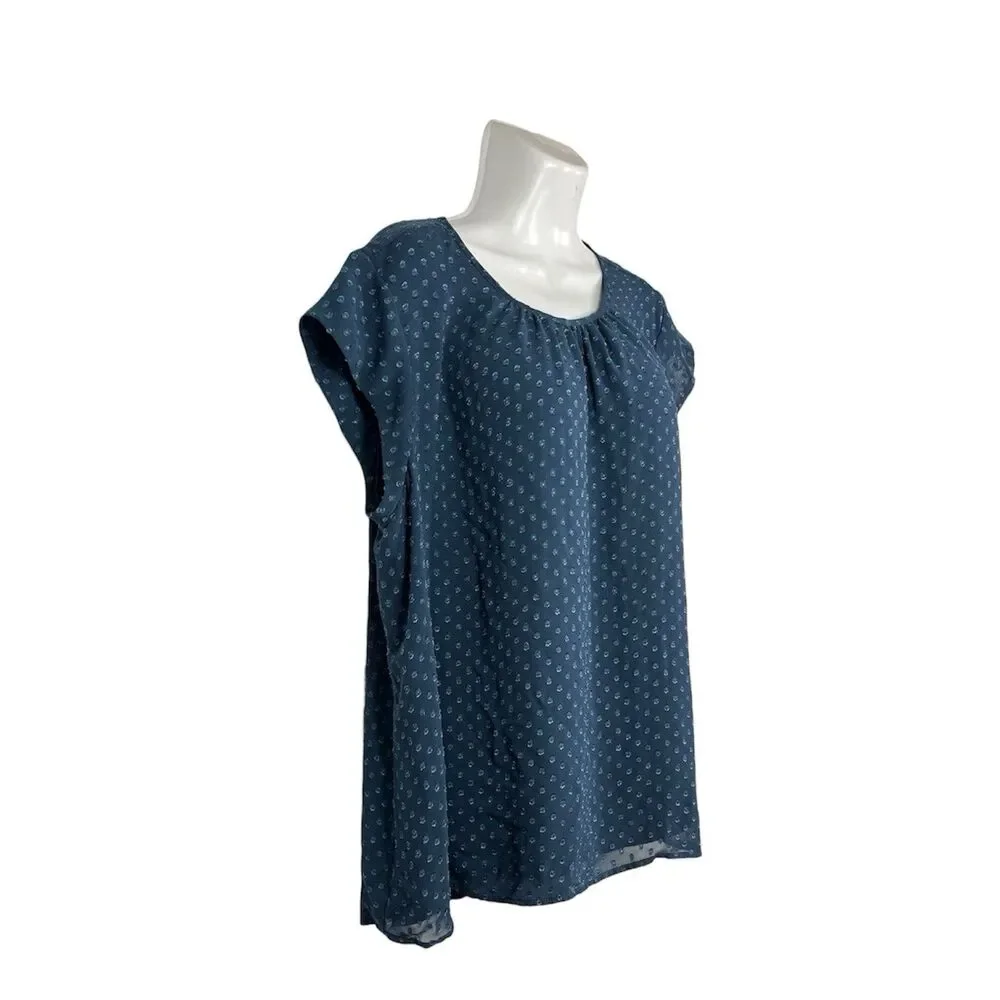 DR2 XL Teal Blue Swiss Dot Sheer Top Cap Sleeve Scoop Neck Lined Blouse Boho - Picture 3 of 10